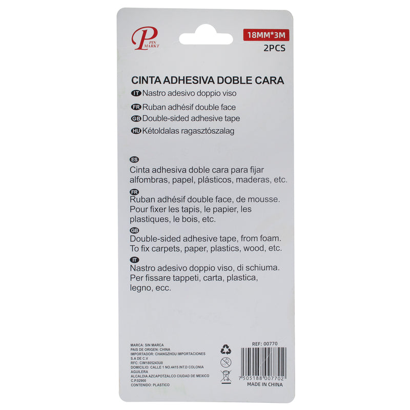 CINTA PINMARKT DOBLE CARA 2PZ 18MM 3MTS