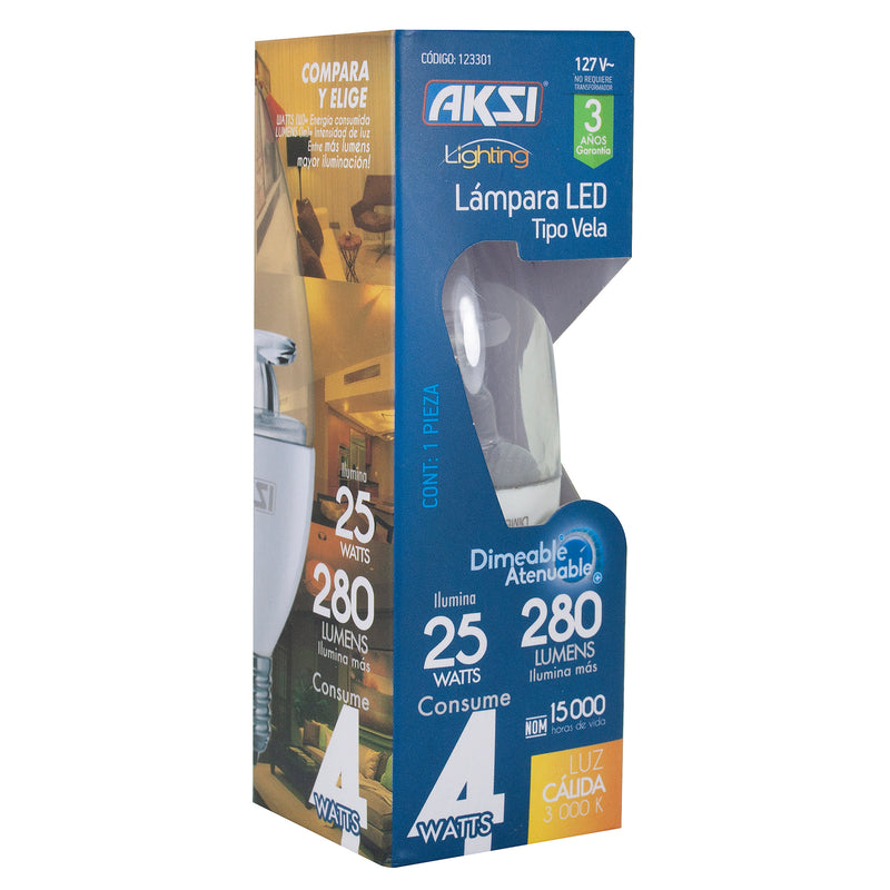 FOCO AKSI LED DIMEABLE VELA 4W LUZ CALIDA E12