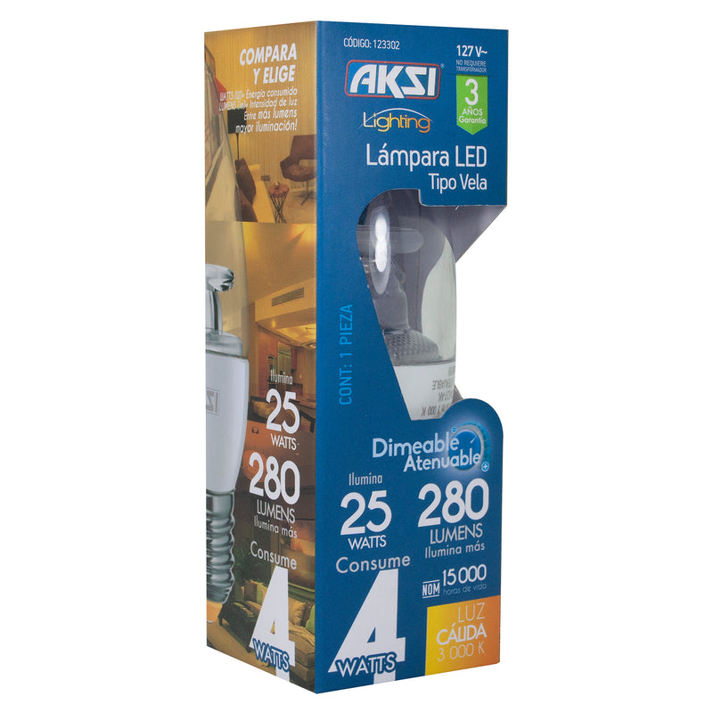 FOCO AKSI LED DIMEABLE VELA 4W LUZ CALIDA E27