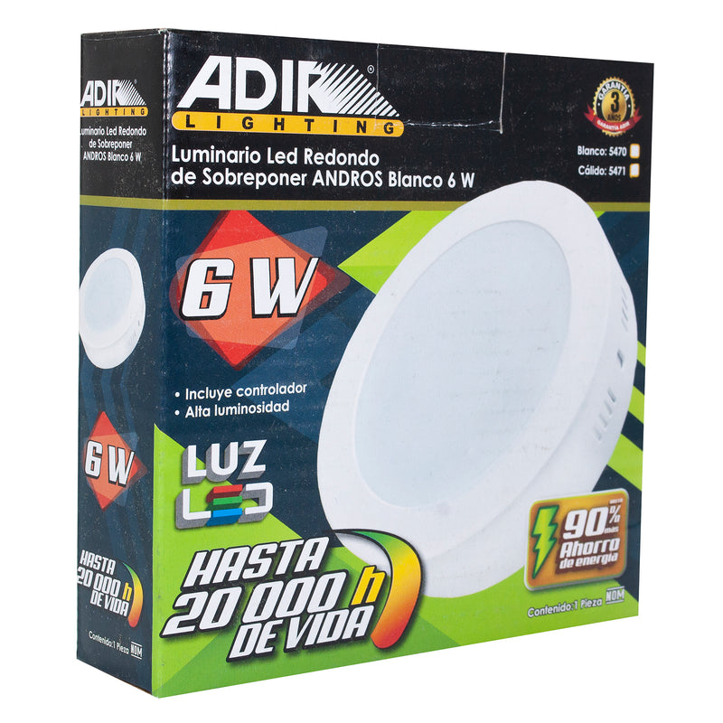 Luminario Adir redondo sobreponer 6w. blanco