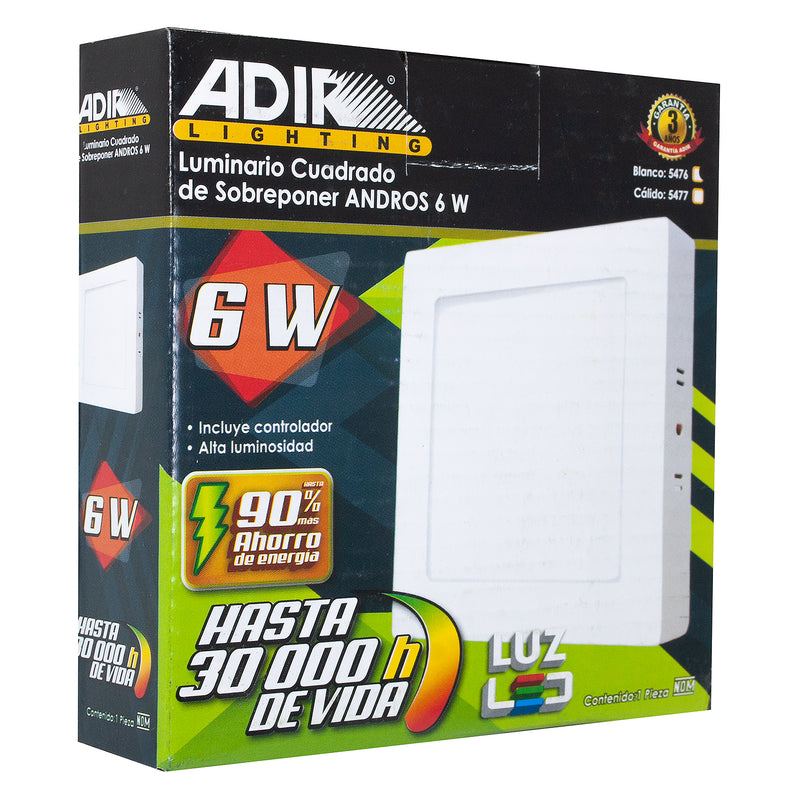 Luminario Adir cuadrado sobreponer 6 watts blanco