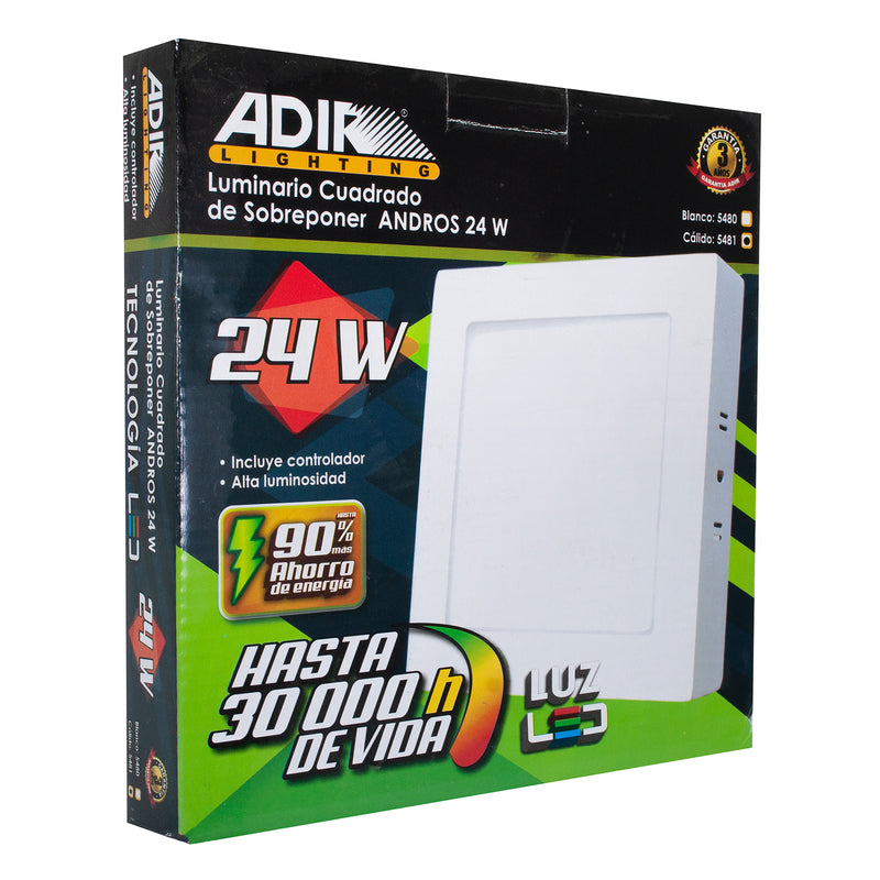 Luminario Adir led cuadrado sobreponer 24 watts cálido