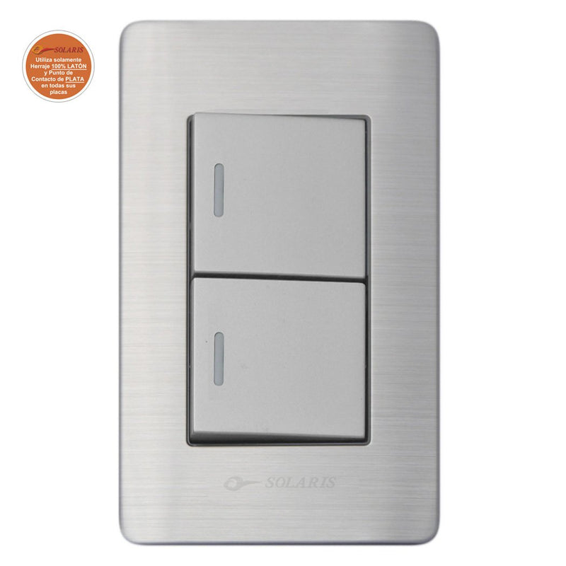 Placa Solaris acero inox.c/gris 2 apagadores senc.