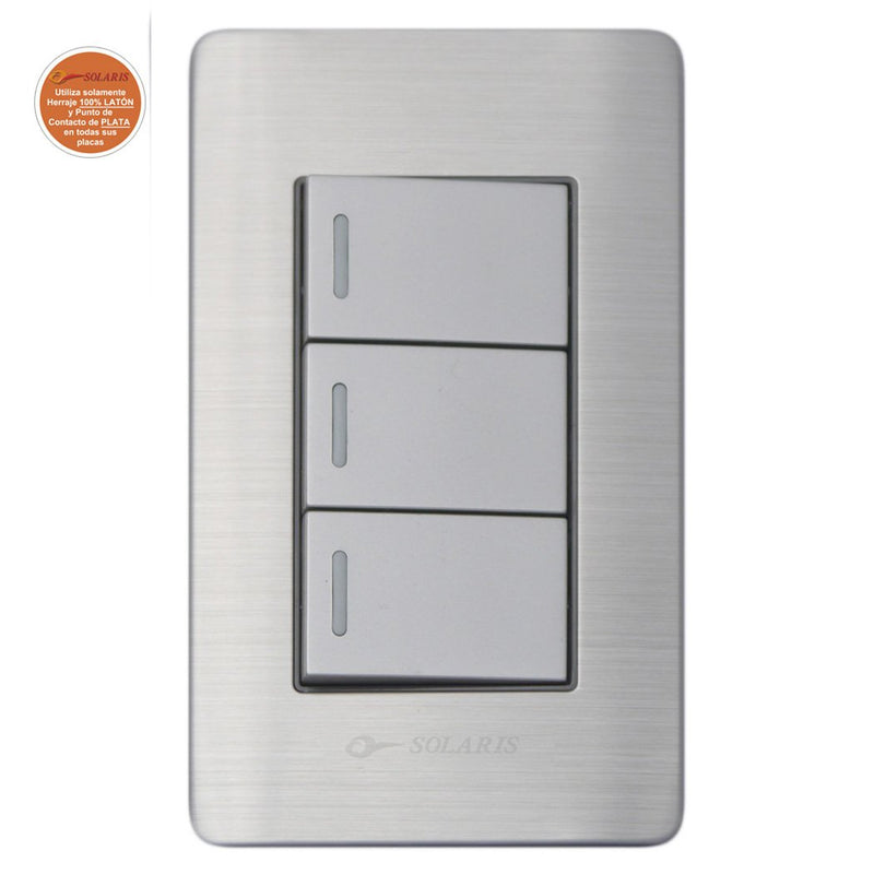 Placa Solaris acero inox.c/gris 3 apagadores senc. 3al-3gr