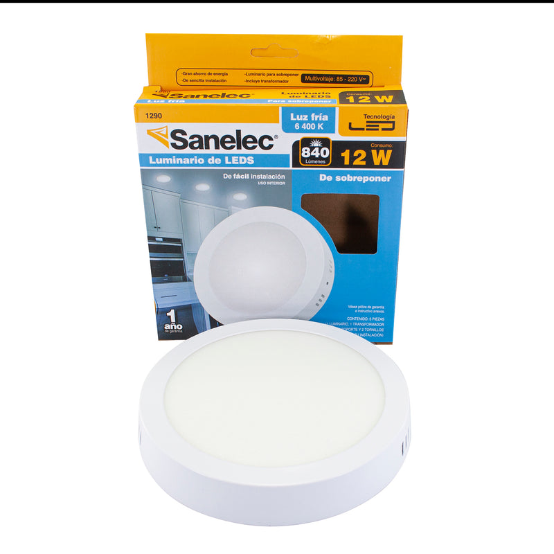 Luminario Sanelec led 12w sobreponer redondo frío