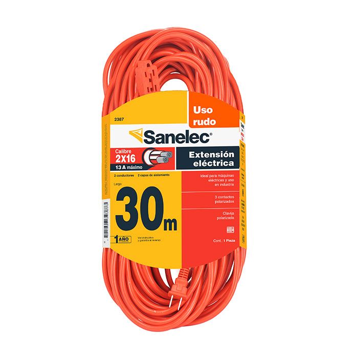 Extensión Sanelec 30 mts 2 x16 uso rudo naranja