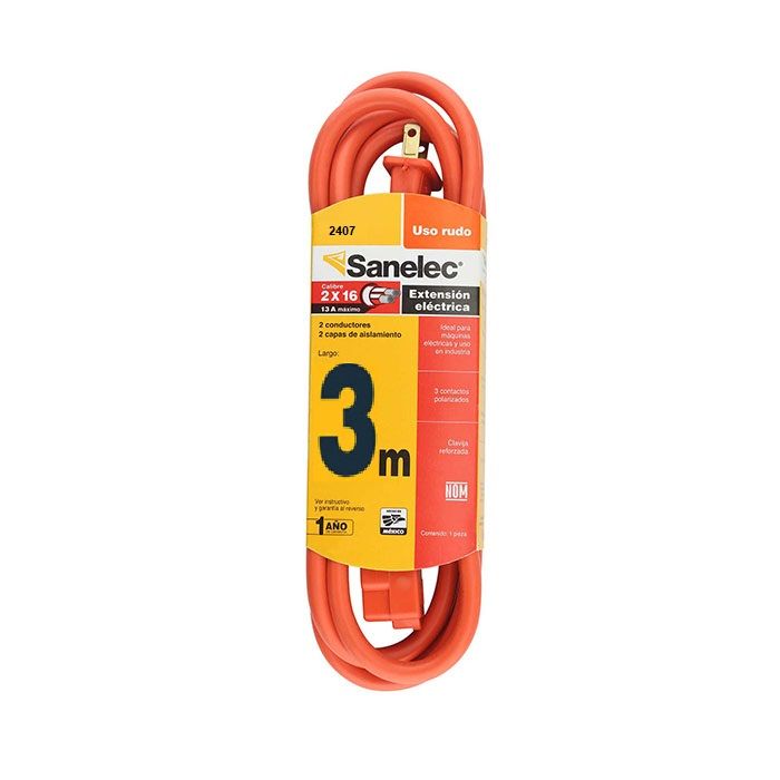 Extensión Sanelec 3 mts 2 x16 uso rudo naranja