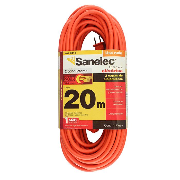 Extensión Sanelec 20 mts 2 x16 uso rudo naranja