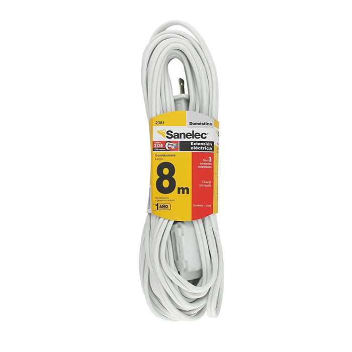 Extensión Sanelec doméstica 8 m blanca reforzada 2x17